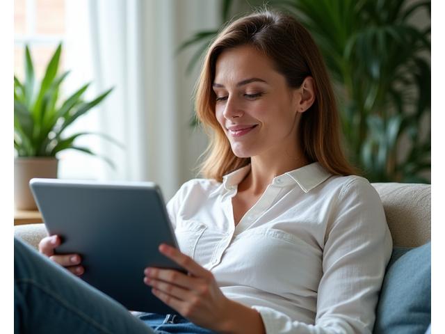 Žena čte článek o zdraví na tabletu s úsměvem, v pozadí zelené rostliny